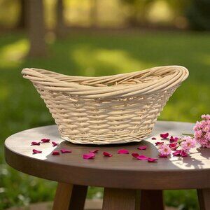 White Woven‎ Rattan Oval Basket For Storage & Decor - 15" Length X 11" Width